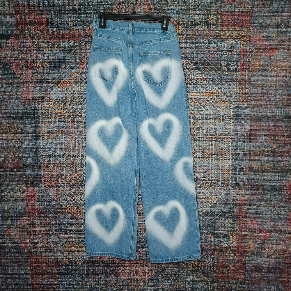 Adika womens medium distressed HEARTS AOP highrise boot jeans Sx30 EUC - Picture 2 of 9